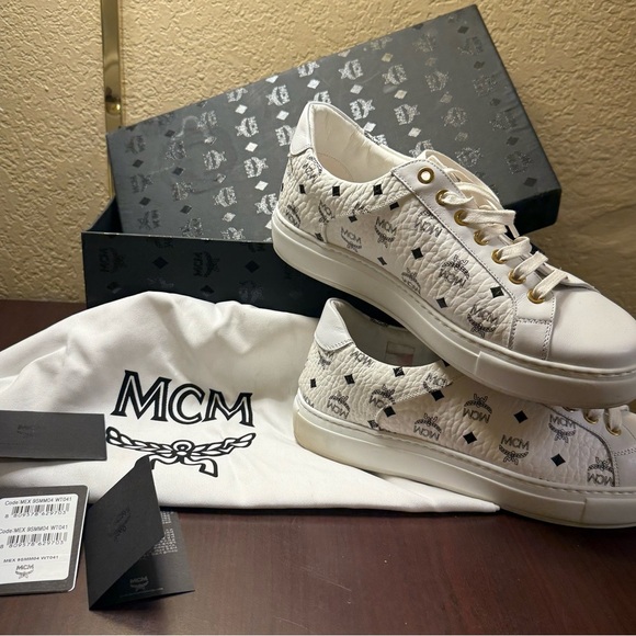 MCM White Leather Sneakers with Logo Pattern - Picture 7 of 13